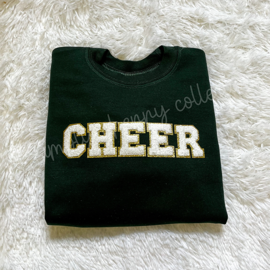 Cheer Chenille Patch Crewneck - White and Gold Letters