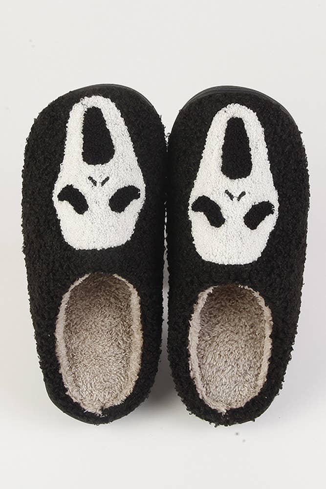 Halloween Ghost Face Design Black Fleece Fluffy Home Slipper