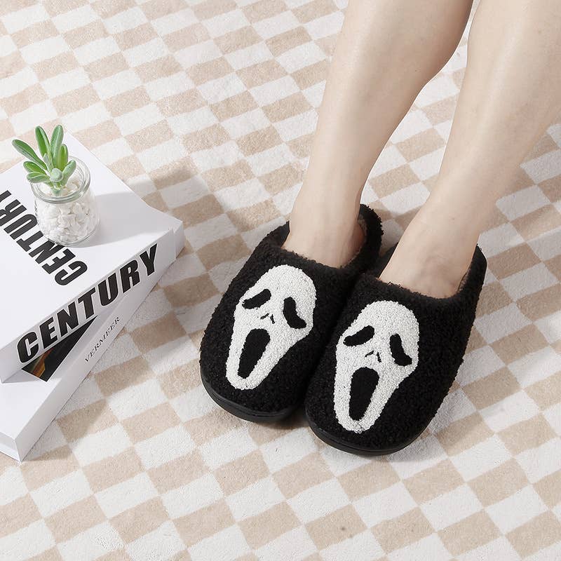 Halloween Ghost Face Design Black Fleece Fluffy Home Slipper