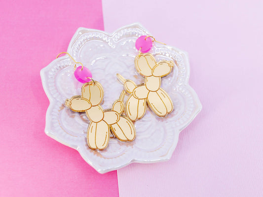 Mirror Gold Balloon Dog Earrings with Pink Topper