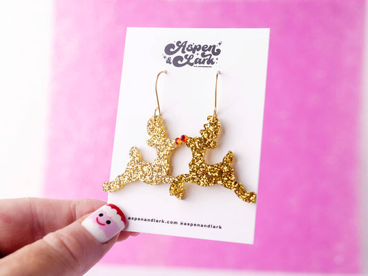Glitter Reindeer Earrings - Christmas Earrings for Parties