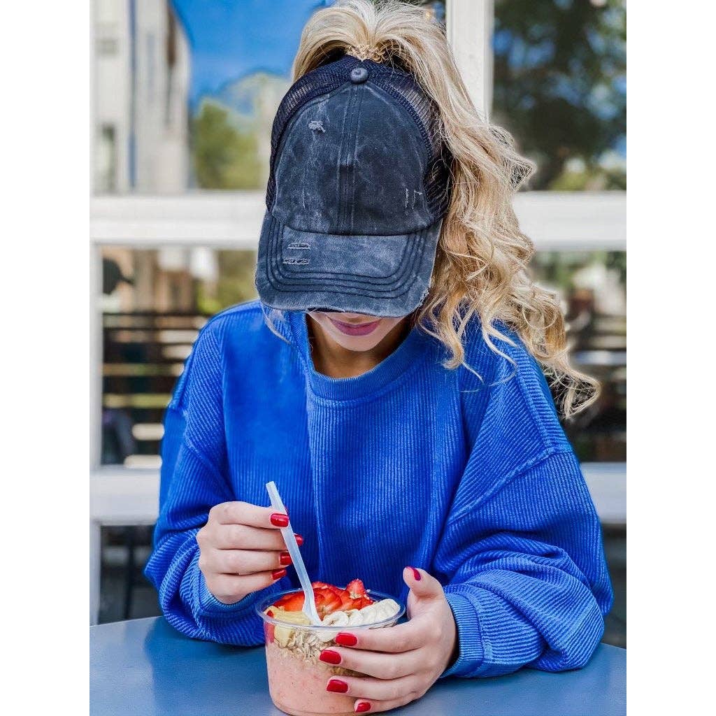 Washed Denim Criss Cross High Pony CC Ball Cap BT780