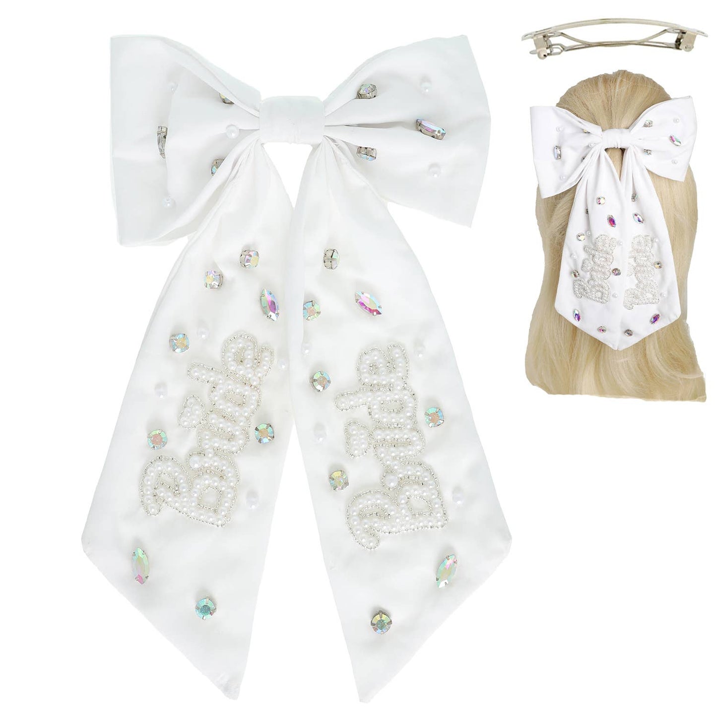 Bride Pearl Embroidered Bow Barrette Hair Clip
