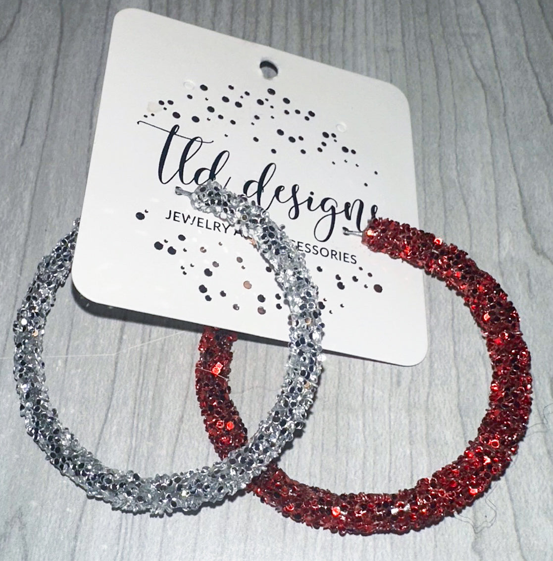 Silver and Red Glitter Game Day Hoops