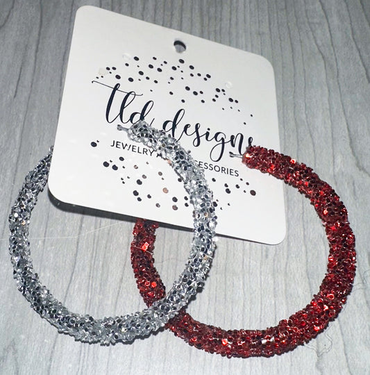 Silver and Red Glitter Game Day Hoops
