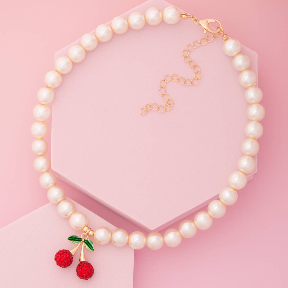 Rhinestone Cherry Pearl Necklace