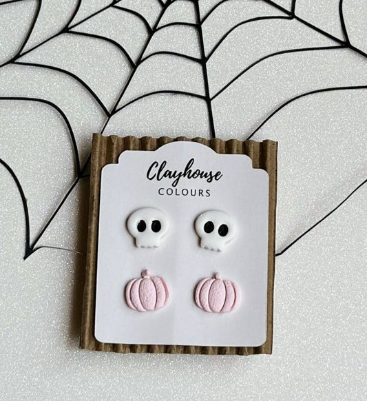 Pink Halloween Earrings : Skull/Pumpkin Studs