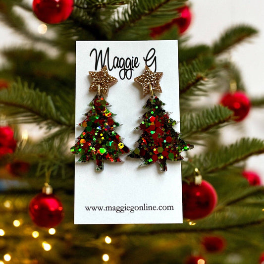 Red & Green Sparkle Tree Earrings