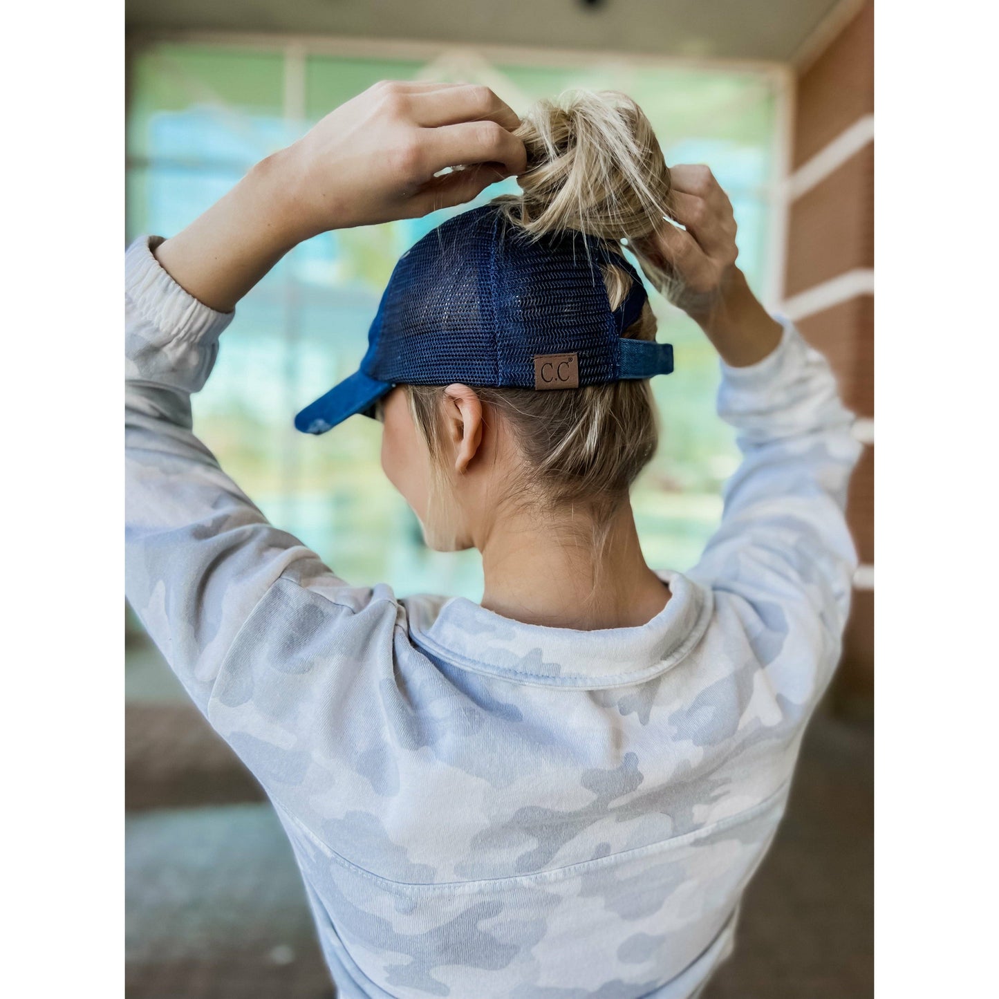 Washed Denim Criss Cross High Pony CC Ball Cap BT780