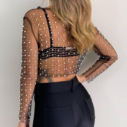 Pearl Rhinestone Sheer Top