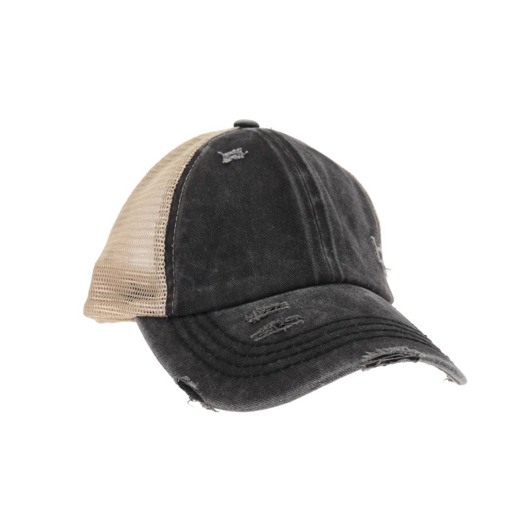 Washed Denim Criss Cross High Pony CC Ball Cap BT780