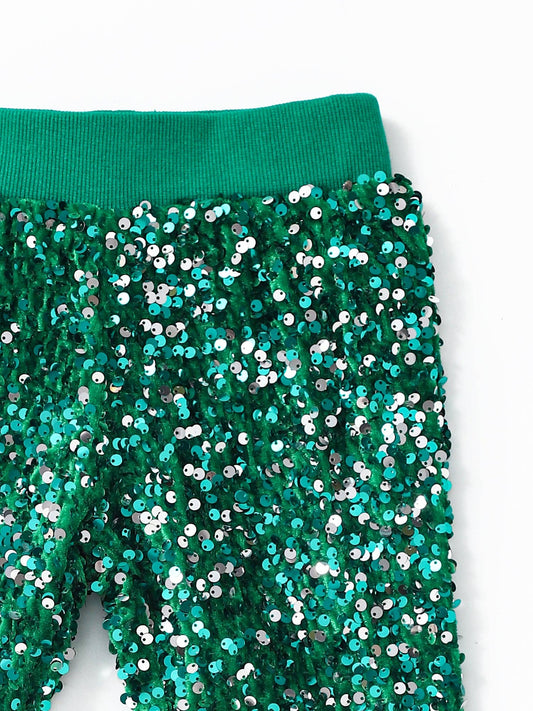 Girls Green Sequin Flare Pants