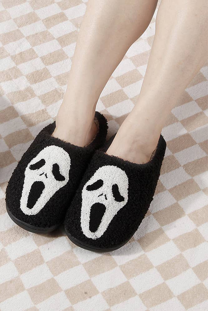 Halloween Ghost Face Design Black Fleece Fluffy Home Slipper