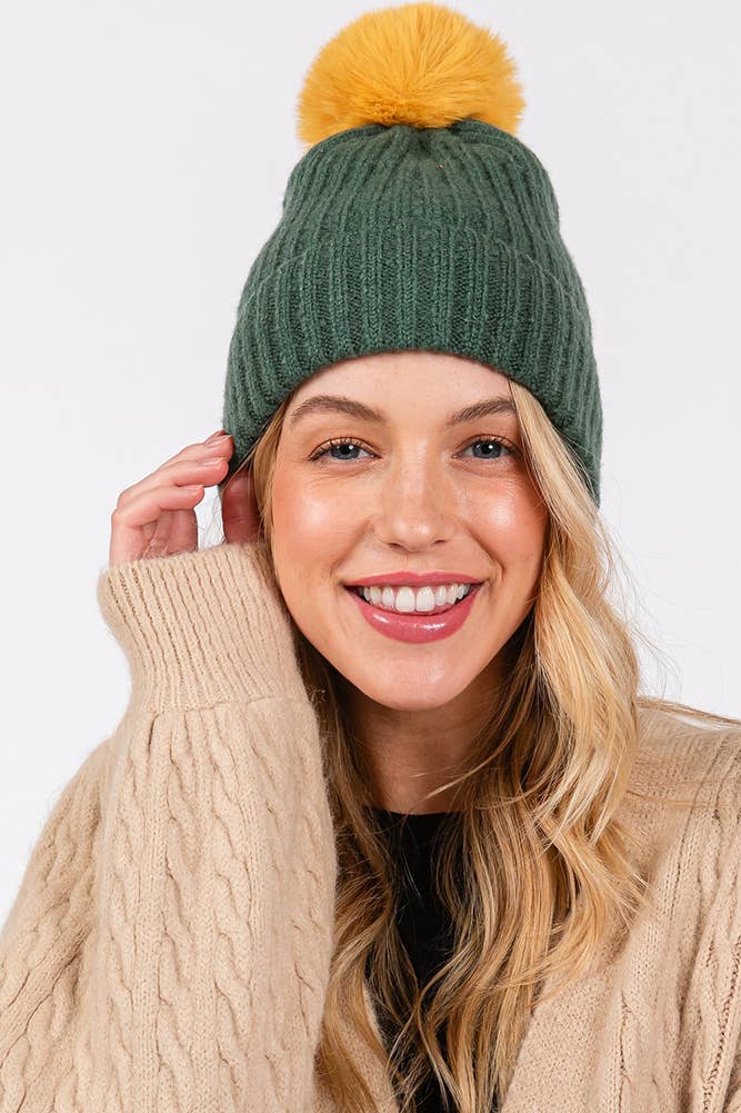 Two Tone Color Pom Pom Beanie Winter Hat