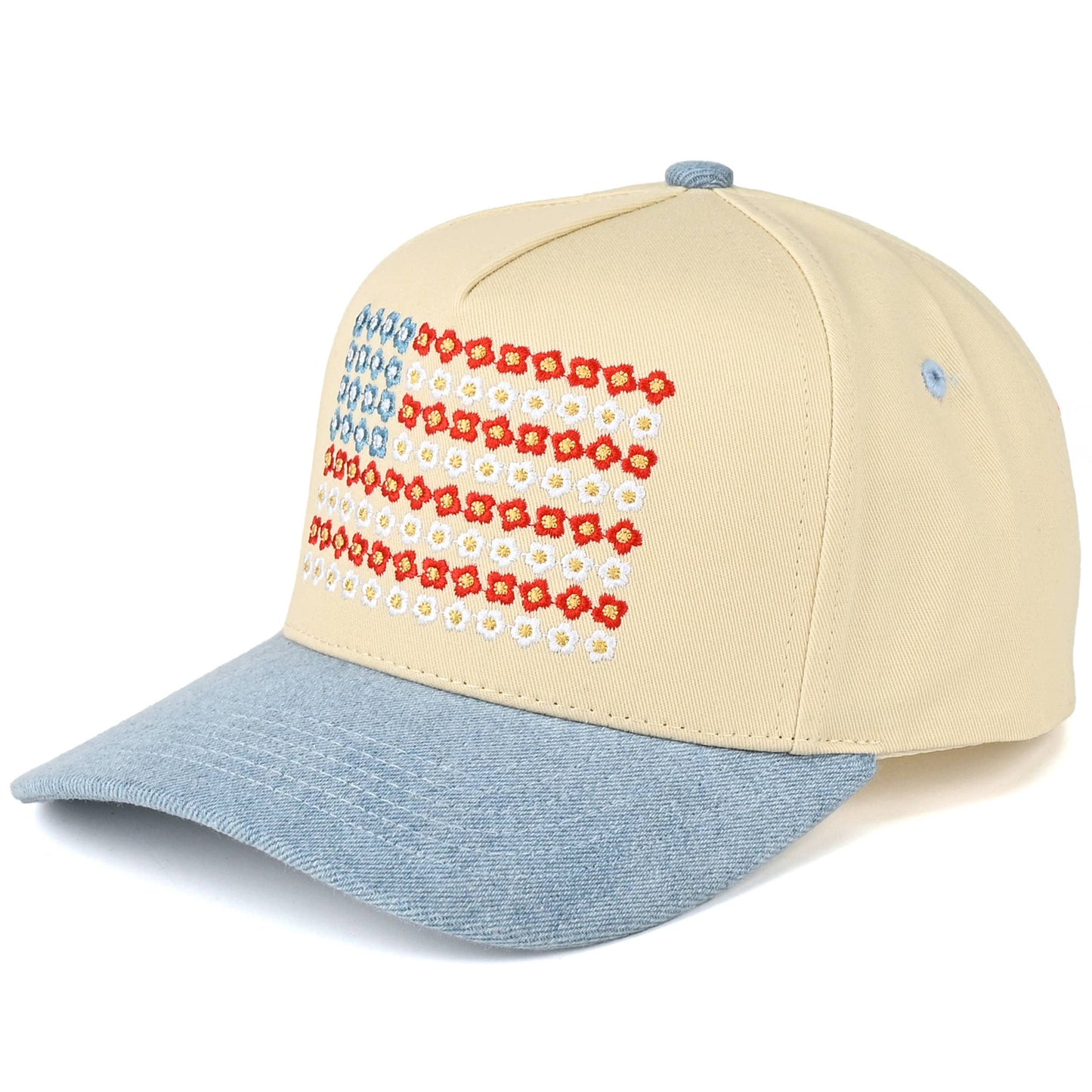 Daisy Flower Pattern USA Flag Trucker Cap