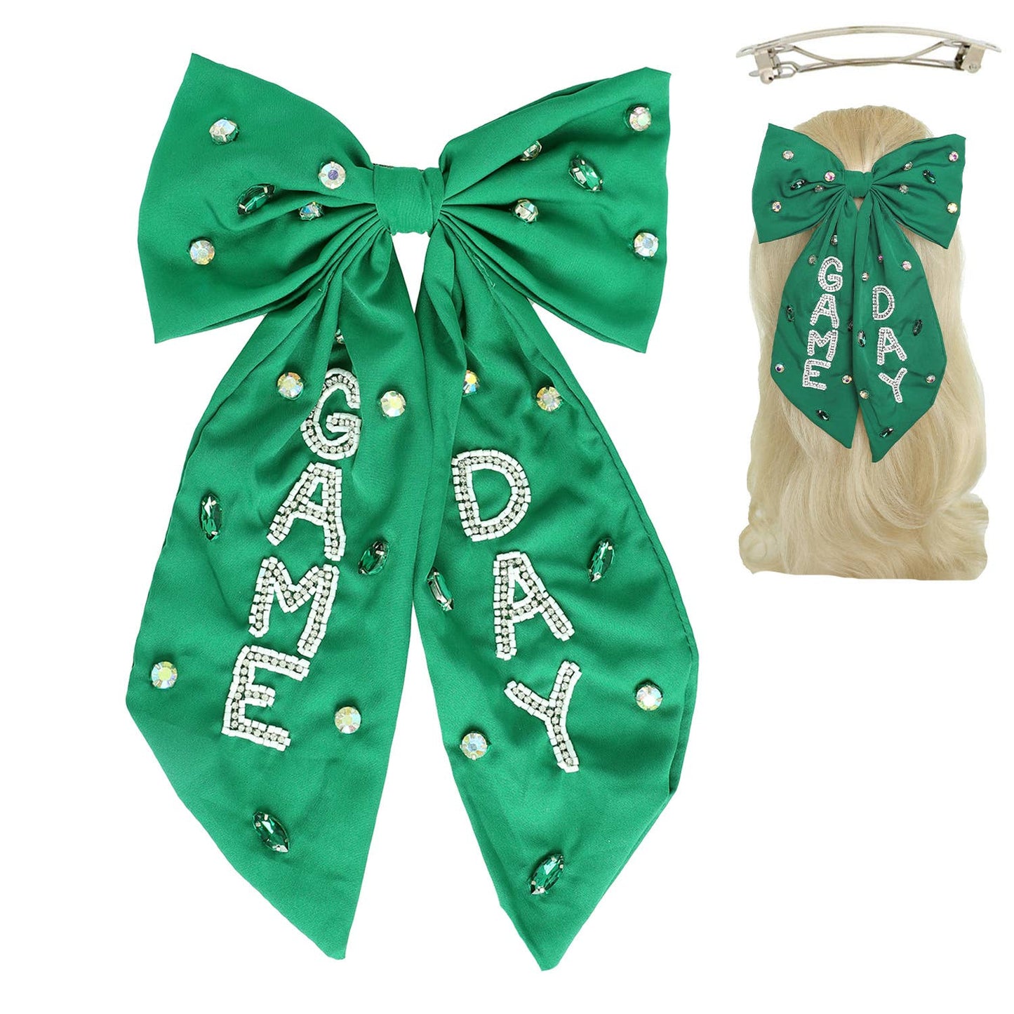 Game Day Bead Gemstone Bow Barrette Hair Clip