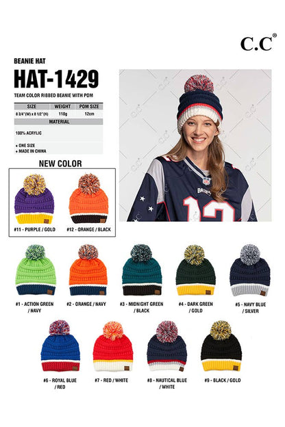 Orange and Black C.C Team Color Ribbed Beanie with Pom