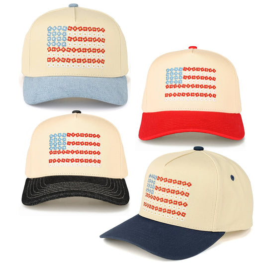 Daisy Flower Pattern USA Flag Trucker Cap