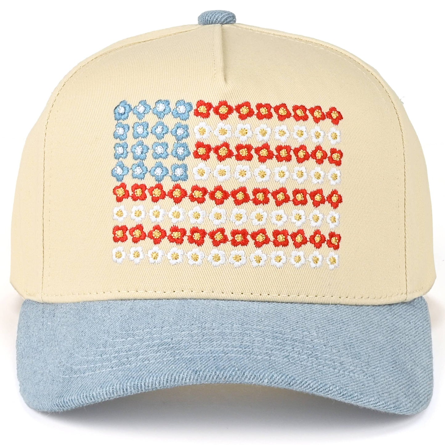 Daisy Flower Pattern USA Flag Trucker Cap