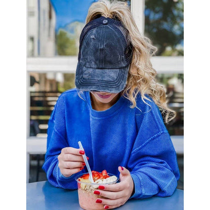 Washed Denim Criss Cross High Pony CC Ball Cap BT780