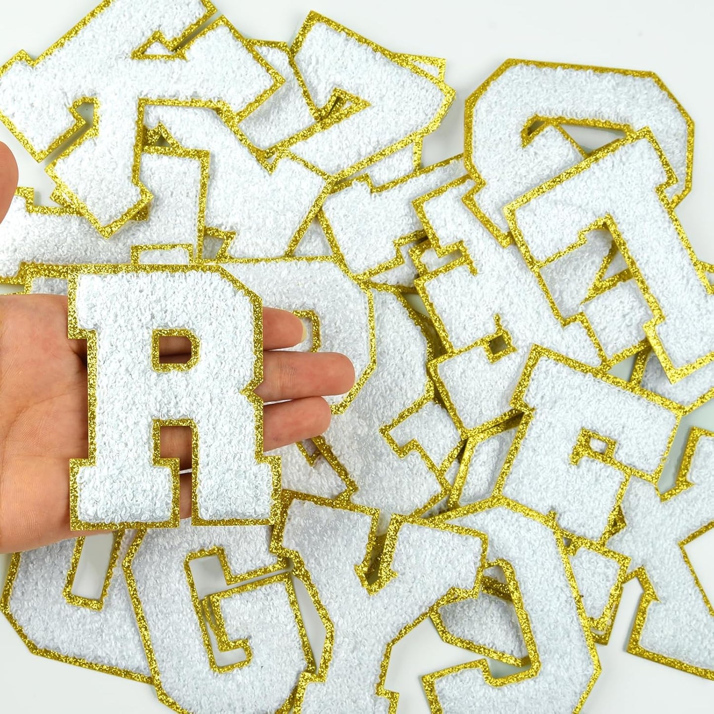 Large White/Gold Chenille Letter Patches