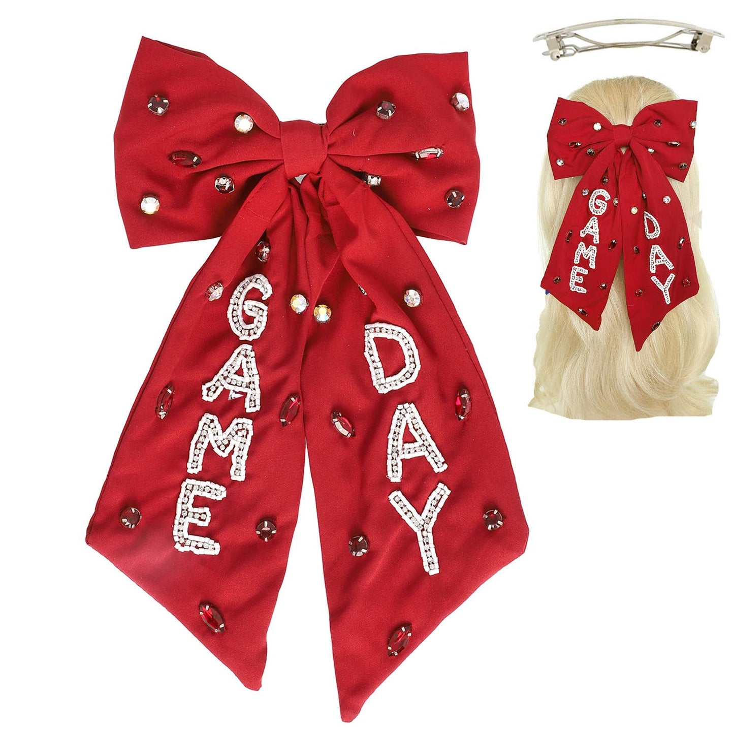 Game Day Bead Gemstone Bow Barrette Hair Clip