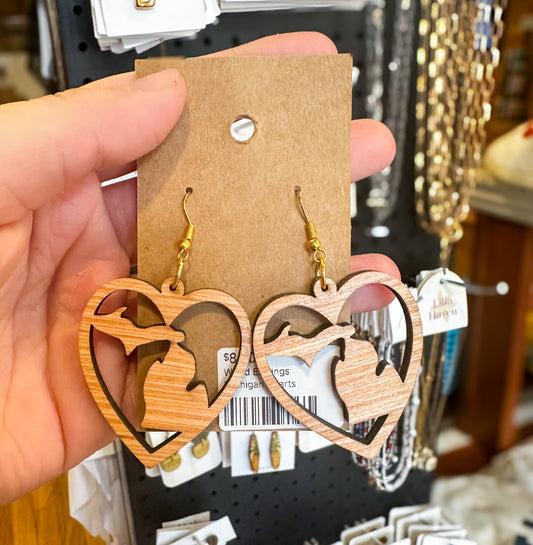 Wood Michigan Heart Earrings