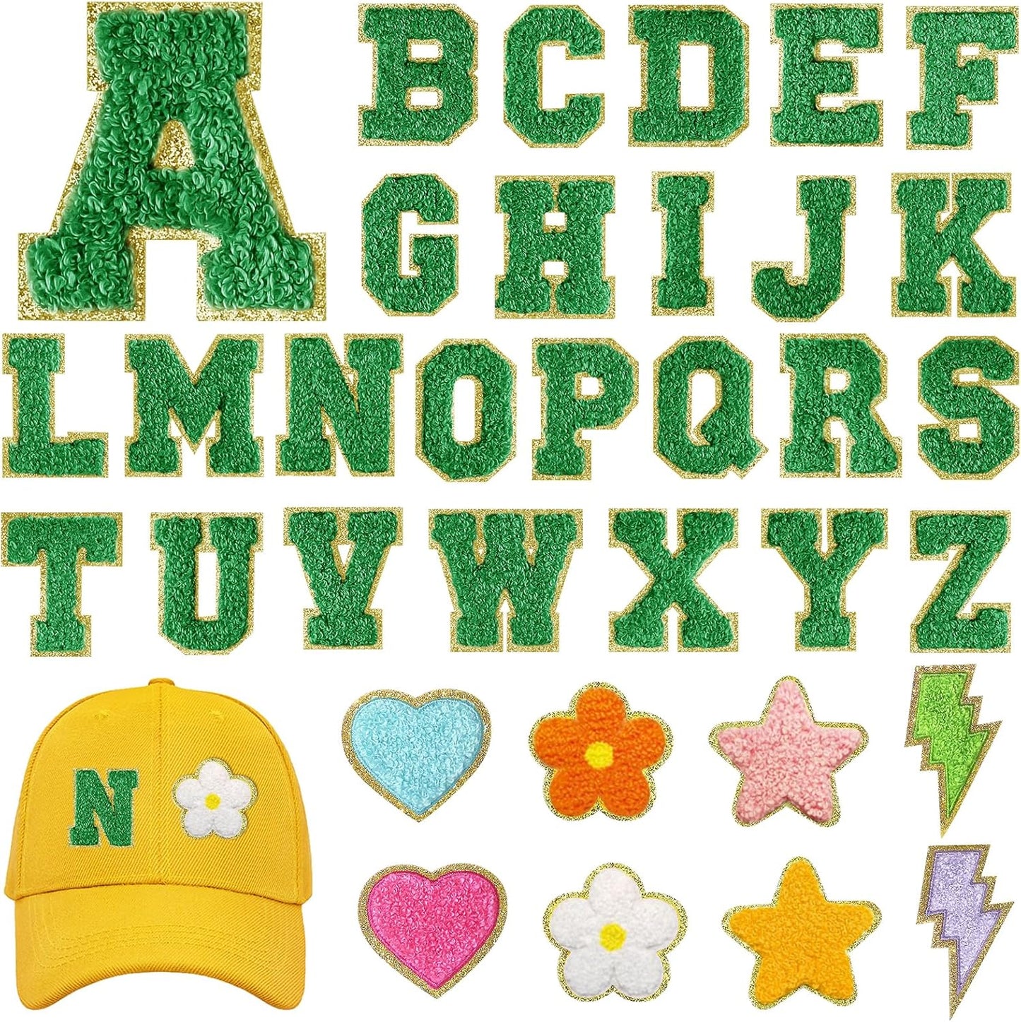 Skinny Green/Gold Letter Patches