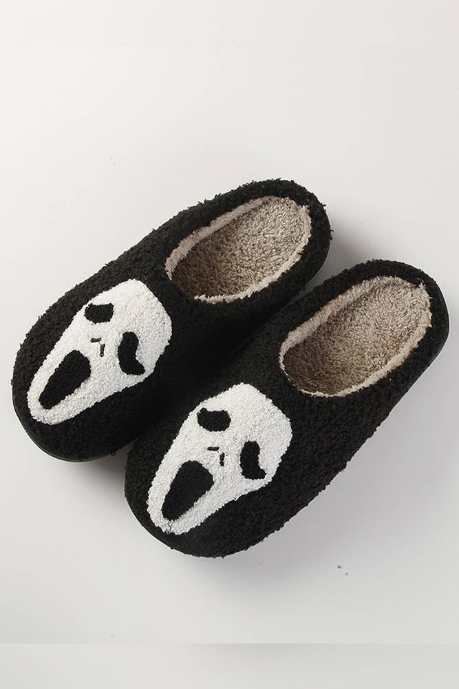 Halloween Ghost Face Design Black Fleece Fluffy Home Slipper