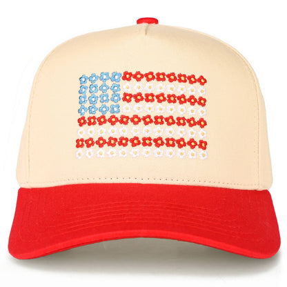 Daisy Flower Pattern USA Flag Trucker Cap