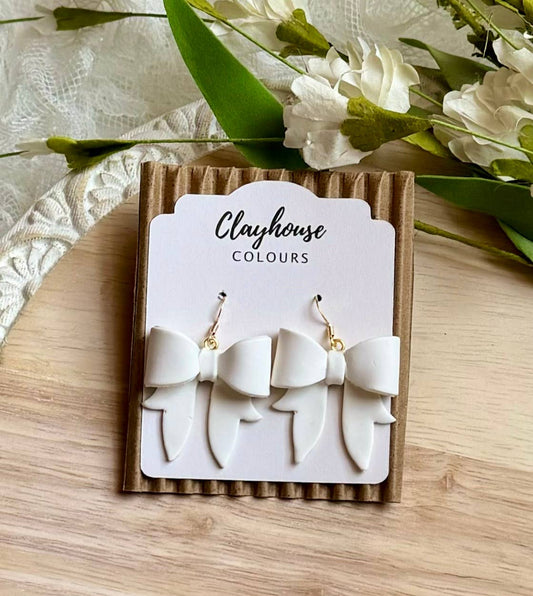 Bow Earrings: White, Gold Plated